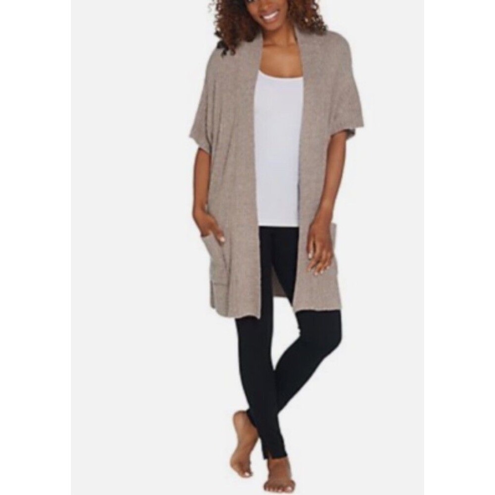 Barefoot Dreams Cozychic Lite Ribbed Cardigan Short Sleeve Tan/Taupe Open Front